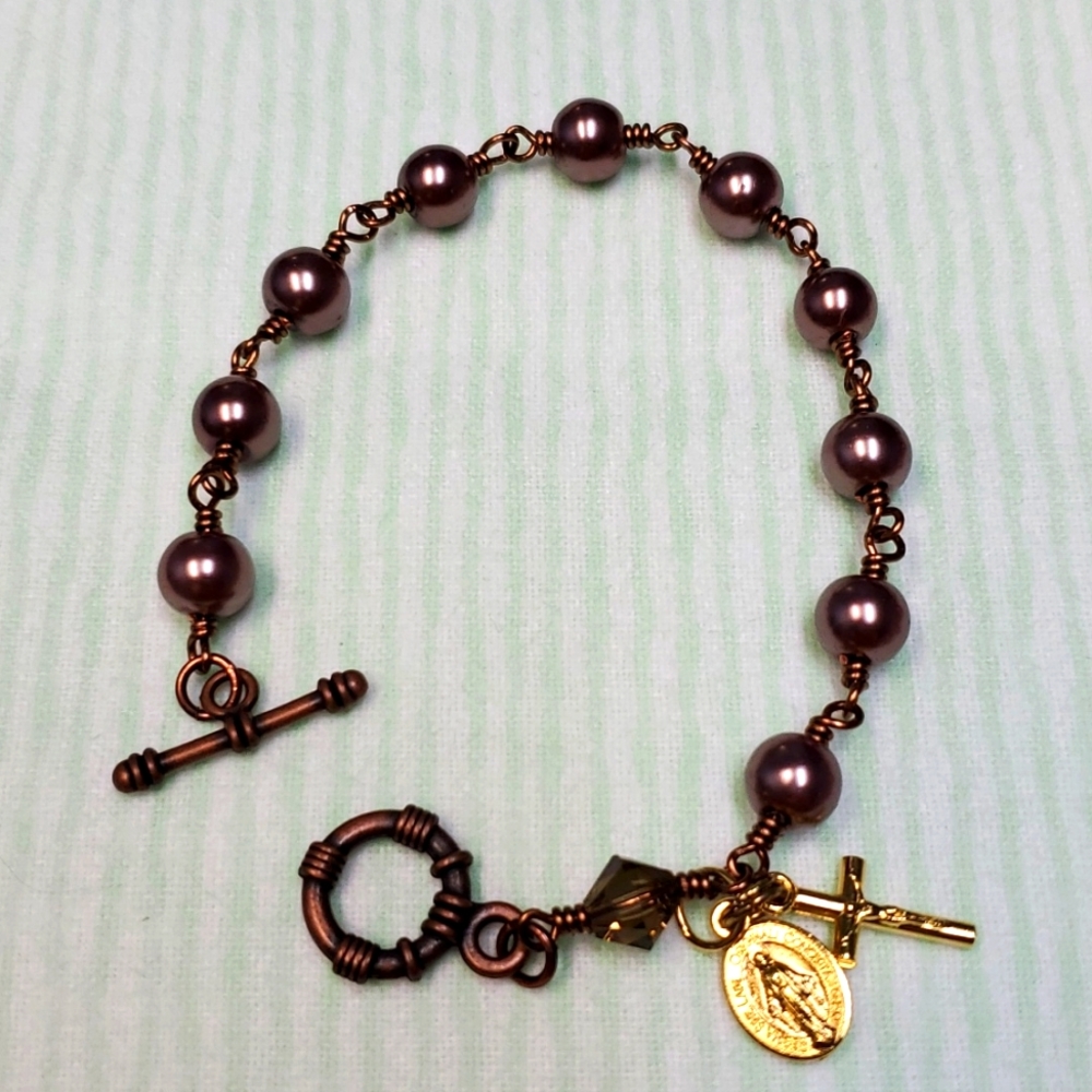 Copper Wire Wrapped Chocolate Pearl Rosary Bracelet!